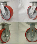 Six By Two Inch Kingpinless Casters Featuring Bombproof Polyurethane Treads Over Rugged Steel Cores Swivel And Rigid Four Pack viewed from multiple angles, showcasing red wheels and steel mounts.