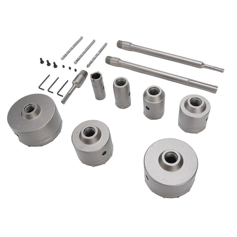 Super Tough Concrete Hole Saw Kit With 7 Pieces Ranging From 30 To 110mm Including Heavy Duty Tungsten Steel Carbide Cutters Plus Three Long Connecting Rods For Electric Hammer Drilling And Smart Dust Removal Vents, 7-piece set