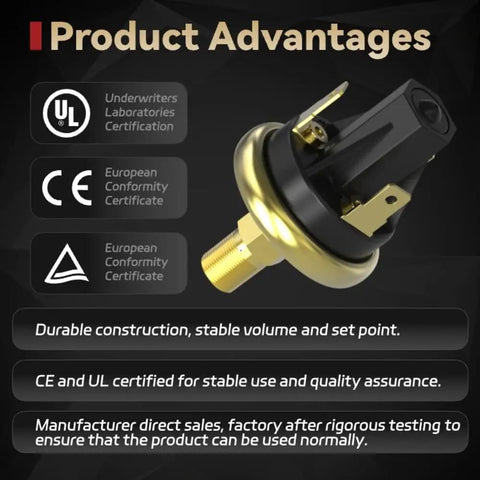 Adjustable Air Pressure Switch With 10 Psi Set Point Plus Minus 3 Psi, Pressure Gauge Included, 1 To 30 Psi Range, Industrial Grade Sensor displayed with certification symbols.