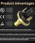 Heavy Duty Pressure Switch With Built In Gauge For Air Oil And Water Systems, benefits and certifications displayed.