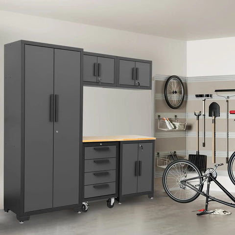 Six Piece Garage Storage Cabinet Set With Lockers And Wood Workbench, Tool Organizer Cabinets, Includes Drawer Cabinet And Tall Cabinet, Fully Welded Steel Frame, Black And Grey, 76.8 Long By 18.5 Wide By 75.79 High in a garage setting