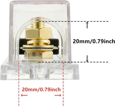 ANL Fuse Holder With Fuses For 0 2 4 Gauge And 0 8 Gauge Fuse Block Pack Of 2 60 Amp Copper Alloy Gold Plated, close-up with 20mm dimensions