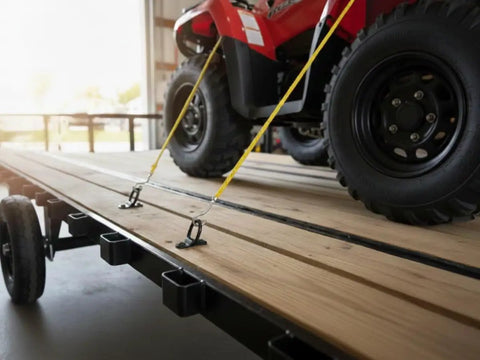 Lock Down Your Rig With 10 Piece 1/4 Inch Steel D Ring Tie Down Anchors 2400 Lbs securing ATV with lashing hooks on trailer.