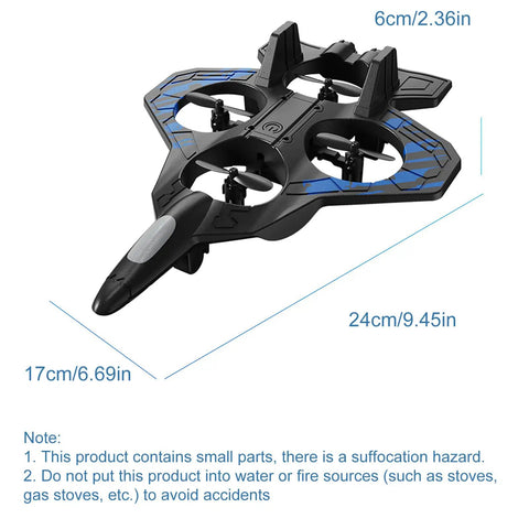 Top view of 2.4G RC Plane With Barometric Altitude Hold, beginner-friendly EPP foam airplane, black and blue, with dimensions