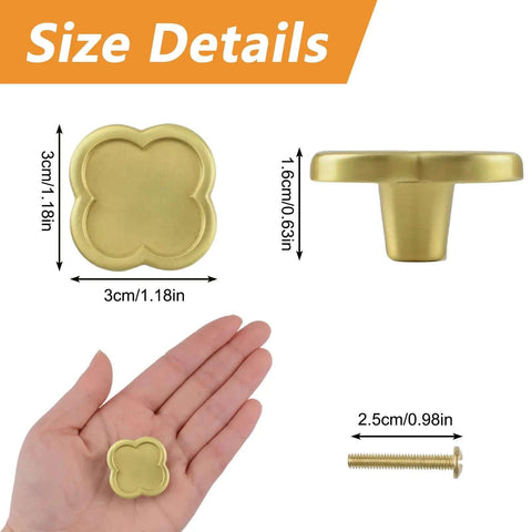 Size details of Two Pack Clover Shaped Brass Knob Set For Dresser Wardrobe Cabinets And Doors With Dope Gold Finish, 3x3x1.6 cm