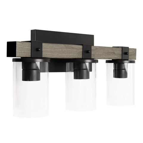 Industrial Rustic Lantern Bath Vanity Light 3 Light Cool Gray Wood Look With Clear Glass Cylinders Uplight Or Downlight Mount Hardwired Espresso Brown Mounting Deck 40W Equivalent Bulbs