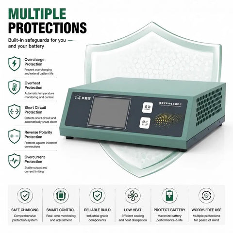 Top Shelf Portable Lithium Battery Equalizer 1.5 To 4.5V touchscreen with protective features and digital display.
