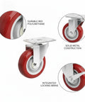 Red Polyurethane Plate Caster Wheel With Brake, Heavy Duty Swivel Replacement For Industrial Hand Trucks And Carts, solid metal