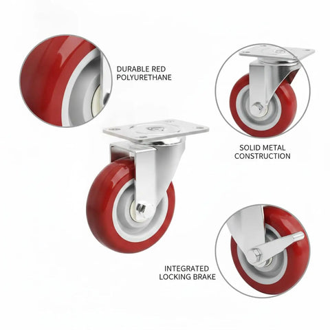 Red Polyurethane Plate Caster Wheel With Brake, Heavy Duty Swivel Replacement For Industrial Hand Trucks And Carts, solid metal