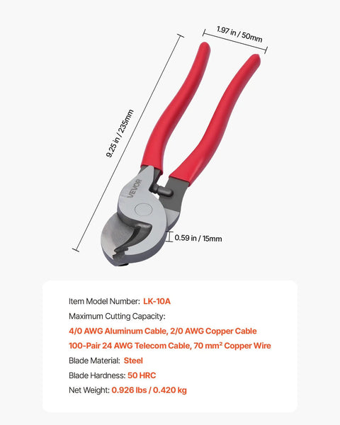 Heavy Duty High Leverage Cable Cutters with Cushioned Overmolded Handles and Razor Sharp Forged Blades, ergonomic design for tough wiring jobs.