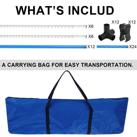 Components of 6 Piece Dog Agility Training Set With Adjustable Jumps And Hurdles Durable Plastic Equipment and blue carry bag.