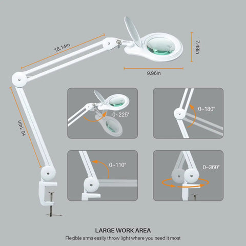 Bifocal LED Magnifying Lamp With Clamp For DIYers, showing adjustable arm angles for precise crafting and reading