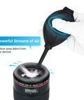 Soft Tip Silicone Air Blower For Cameras And Gadgets Super Handy Dust Cleaner With Microfiber Cloth in use on camera lens