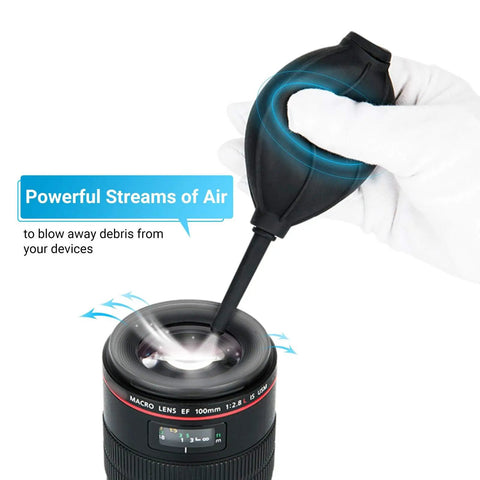 Soft Tip Silicone Air Blower For Cameras And Gadgets Super Handy Dust Cleaner With Microfiber Cloth in use on camera lens