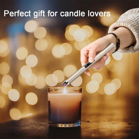 Hand using Electric Lighter Type C Rechargeable With LED Battery Display Safety Switch Flameless Plasma Windproof For Candles Gift Champagne Gold