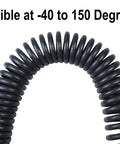 Close-up of a coiled black Durable Polyurethane Recoil Air Hose 1/4 Inch Inner Diameter 25 Foot Long with temperature flexibility text.