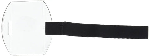 Premium Solid Durable Armband Badge Holder With Hella Secure Stretchy Strap And Easy Hook Loop Fastener For Work Credentials Cards And Passes One Size Fits on a black strap with transparent sleeve.