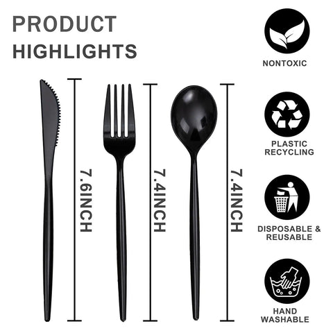 Black Plastic Silverware Set 90 Pieces Disposable Cutlery Heavy Duty Includes 30 Knives 60 Forks And Spoons For Graduation Parties