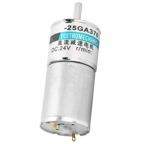Ultra Quiet DC Gear Motor 24V With All Metal Gears And Pure Copper Coils For Industrial Low Speed High Torque Projects Plus Automatic Safety Cut Off, showing metal casing and output shaft.