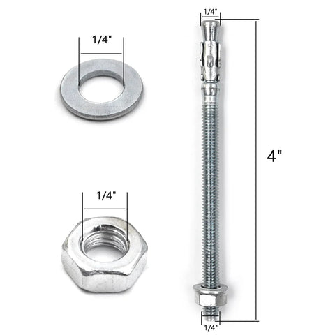 Quarter Inch By Four Inch Heavy Duty Zinc Wedge Anchors For Concrete And Masonry, Box Of 30, showing bolt, nut, and washer