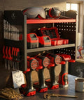Power Tool Organizer Wall Mount 3 Tier Heavy Duty Steel Rack With 4 Cordless Drill Slots Pegboard And Utility Side 100 Pound Capacity For Garage Workshop And Shed Storage Red holding drills and tools