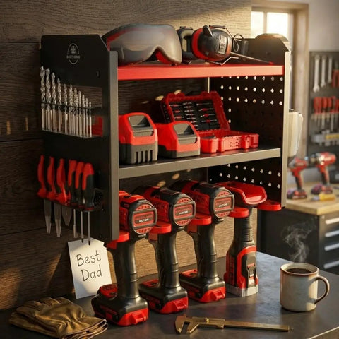 Power Tool Organizer Wall Mount 3 Tier Heavy Duty Steel Rack With 4 Cordless Drill Slots Pegboard And Utility Side 100 Pound Capacity For Garage Workshop And Shed Storage Red holding drills and tools