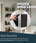 Solid As A Rock Hidden Hinge Hardware Bundle With Slick Flush Mount Setup And No Hassle Bookcase Latch For DIY Secret Doors That Takes Three Hundred Pounds Like A Champ showing a hand using a hidden book latch on a Murphy door bookcase.