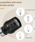 Automatic Outdoor Light Socket With Dusk To Dawn Sensor And 360 Degree Rotating Coverage E26 E27 Bulb Base Adapter UL Listed Black 2 Pack demonstration of bulb compatibility with incandescent, CFL, LED, and halogen bulbs.