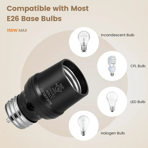 Automatic Outdoor Light Socket With Dusk To Dawn Sensor And 360 Degree Rotating Coverage E26 E27 Bulb Base Adapter UL Listed Black 2 Pack demonstration of bulb compatibility with incandescent, CFL, LED, and halogen bulbs.