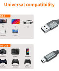 Mini USB Cable 2 Pack 3.3ft USB 2.0 Type A Male To Mini B Charging Cord For Cameras, Dash Cams, MP3 Players, GPS Receivers, Garmin Nuvi, PS3 Controllers, And Other Mini B Port Devices showing USB A and Mini USB compatibility