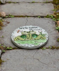 Frog Garden Stepping Stone With Welcome Friends Message, 1.2 Inch Low Profile Concrete Plaque in garden path setting