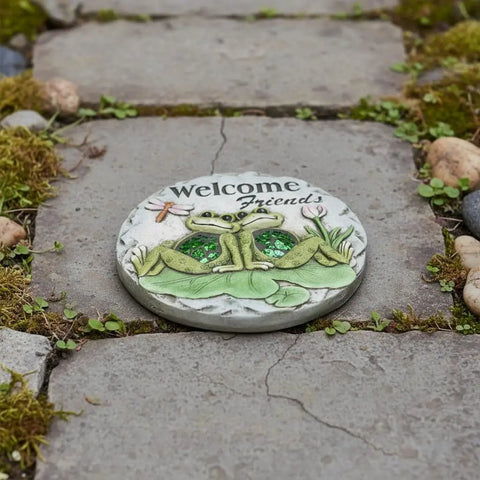 Frog Garden Stepping Stone With Welcome Friends Message, 1.2 Inch Low Profile Concrete Plaque in garden path setting