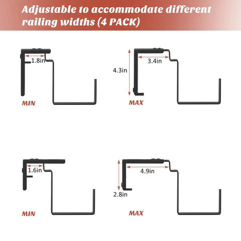 Diagram showing adjustable brackets for Two Pack Railing Planter Boxes With Adjustable Brackets on railings 1.6 to 4.9 inches.