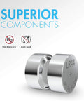 Two LR44 button cell batteries showing superior components, emphasizing no mercury and anti-leak features.