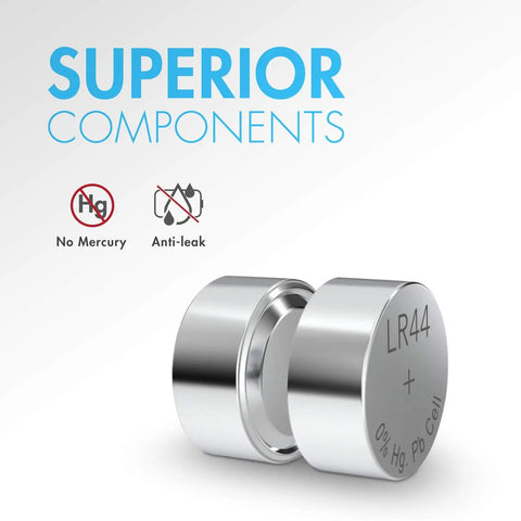 Two LR44 button cell batteries showing superior components, emphasizing no mercury and anti-leak features.