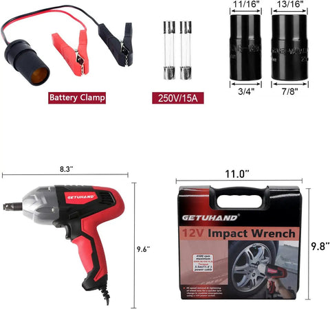 Beefy Electric Impact Wrench Half Inch Drive 12 Volt Cordless Tool With 400 Nm Max Torque, battery clamps, and case
