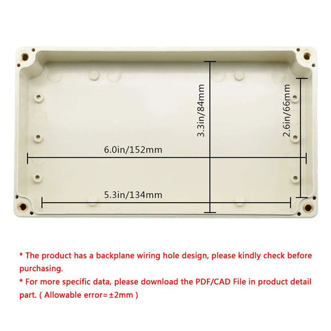 Rugged Outdoor Ready IP65 ABS Junction Box Dustproof Electrical Project Enclosure In Pale Gray 6.2 x 3.54 x 2.3 Inch, Built to Last, Easy Mounting, Quick Access for Repairs Without Cable Cutting, open interior with dimensions
