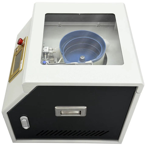 Automatic Terminal Crimping Machine With Color Touch Screen And Auto Vibratory Bowl Feeder for Ferrule Crimping Tool, top view.