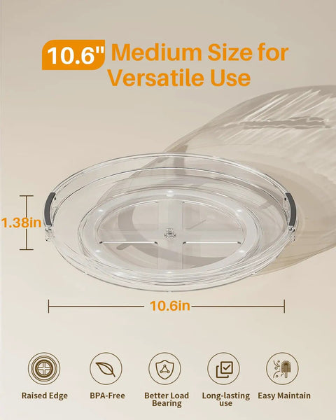 Clear Two Pack Rotating Lazy Susan Turntable For Kitchen Cabinets And Fridge Shelves Smooth Swivel Action 10.6 inch size with raised edge.