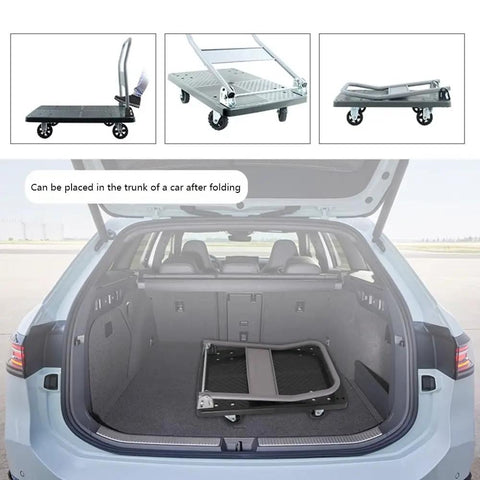 Heavy Duty Folding Platform Trolley On Wheels folded in car trunk, Rugged Utility Cart for easy storage in home garage workshop and warehouse