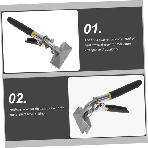 3 Inch Manual Sheet Metal Bender Tool With Straight Jaw Edge Seamer for flattening and roofing, heat-treated steel handle, shown in two views
