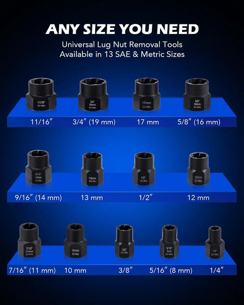 Impact Nut And Bolt Extraction Tool Set For Rusted And Stripped Fasteners, 13 SAE And Metric Sizes displayed on a rack.