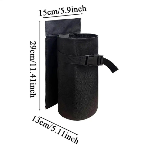 Heavy Duty Fire Extinguisher Storage Bag For Tesla Cybertruck trunk organizer with quick release buckle, 29cm tall, black fabric.