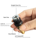 Hand holding Upgraded Open Flow Locking Air Chuck, Heavy Duty Brass One Quarter Inch FNPT Quick Connect For Tire Inflation