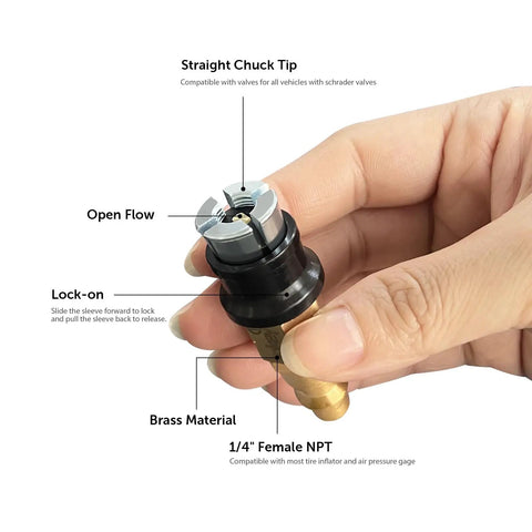 Hand holding Upgraded Open Flow Locking Air Chuck, Heavy Duty Brass One Quarter Inch FNPT Quick Connect For Tire Inflation