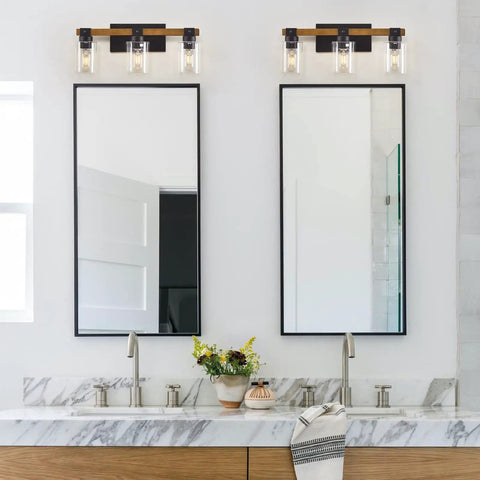 Rustic Farmhouse 3 Light Vanity Light Over Mirror With Seeded Glass Shades in bathroom setting, vintage wood and black metal design