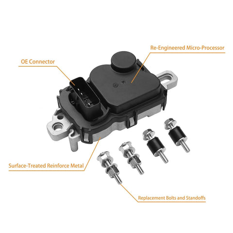 590001 Fuel Pump Driver Module With Mounting Bolts For 2004 Through 2011 Ford Lincoln Mazda And Mercury Models Replacement Numbers 4C2A 9D372 BA, depicting module and bolts.