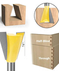 Premier Heavy Duty Dovetail Router Bit Set Six Piece Collection With One Quarter Inch Shank shown with cut wood joint examples.