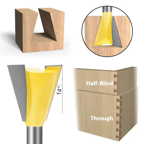Premier Heavy Duty Dovetail Router Bit Set Six Piece Collection With One Quarter Inch Shank shown with cut wood joint examples.