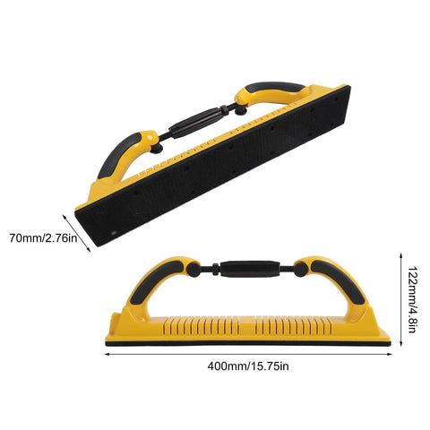 Adjustable ABS Dust Extraction Sander For Hand Sanding Block 70x400mm with Quick Change Sandpaper Grips shown from side and top view